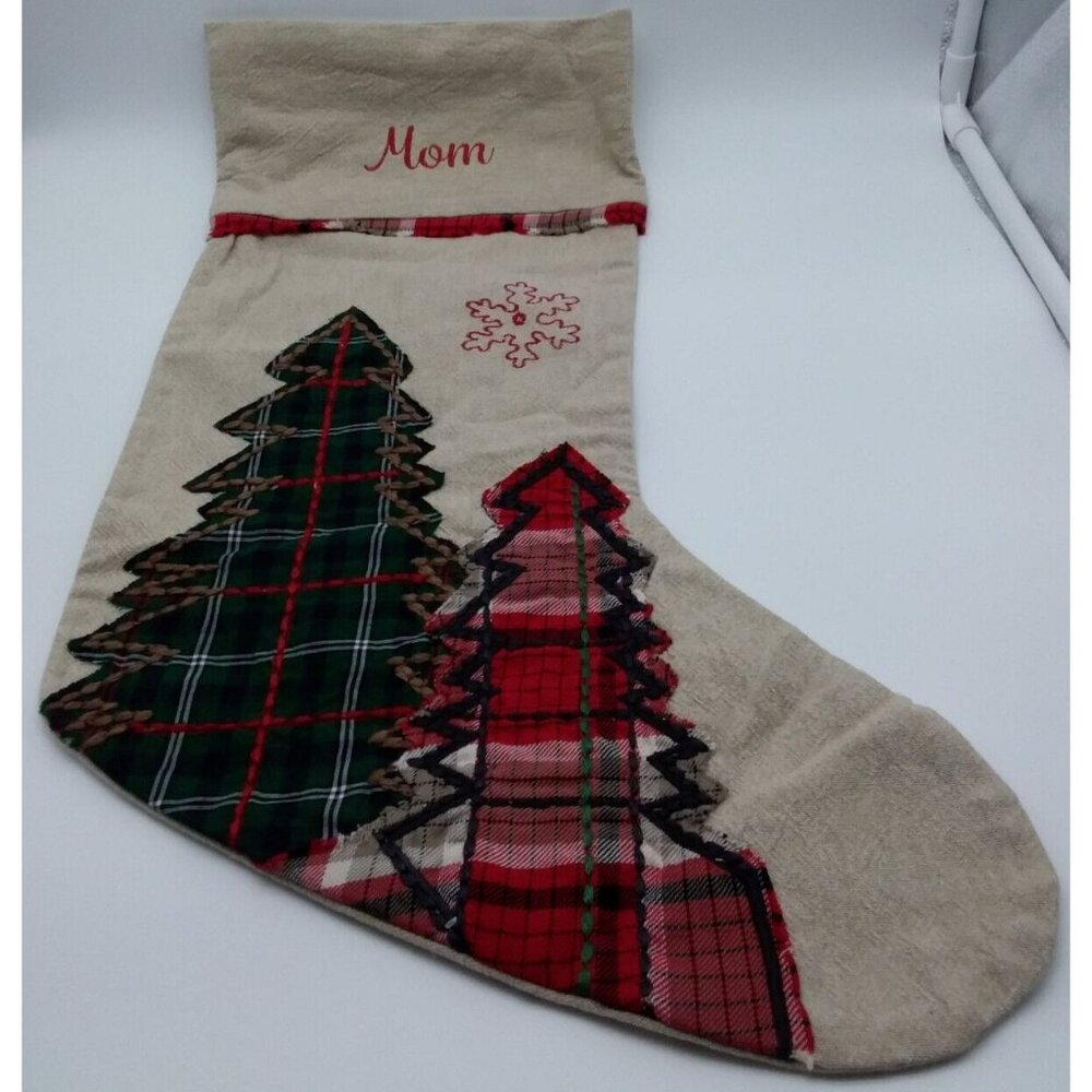 Pottery Barn Mom Plaid Nostalgic Stocking Christmas Trees Holiday Xmas Cotton